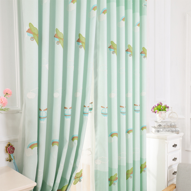 卡通棉麻儿童房公主韩式绿色卧室窗帘成品布料小清新绣花窗帘批发|ru