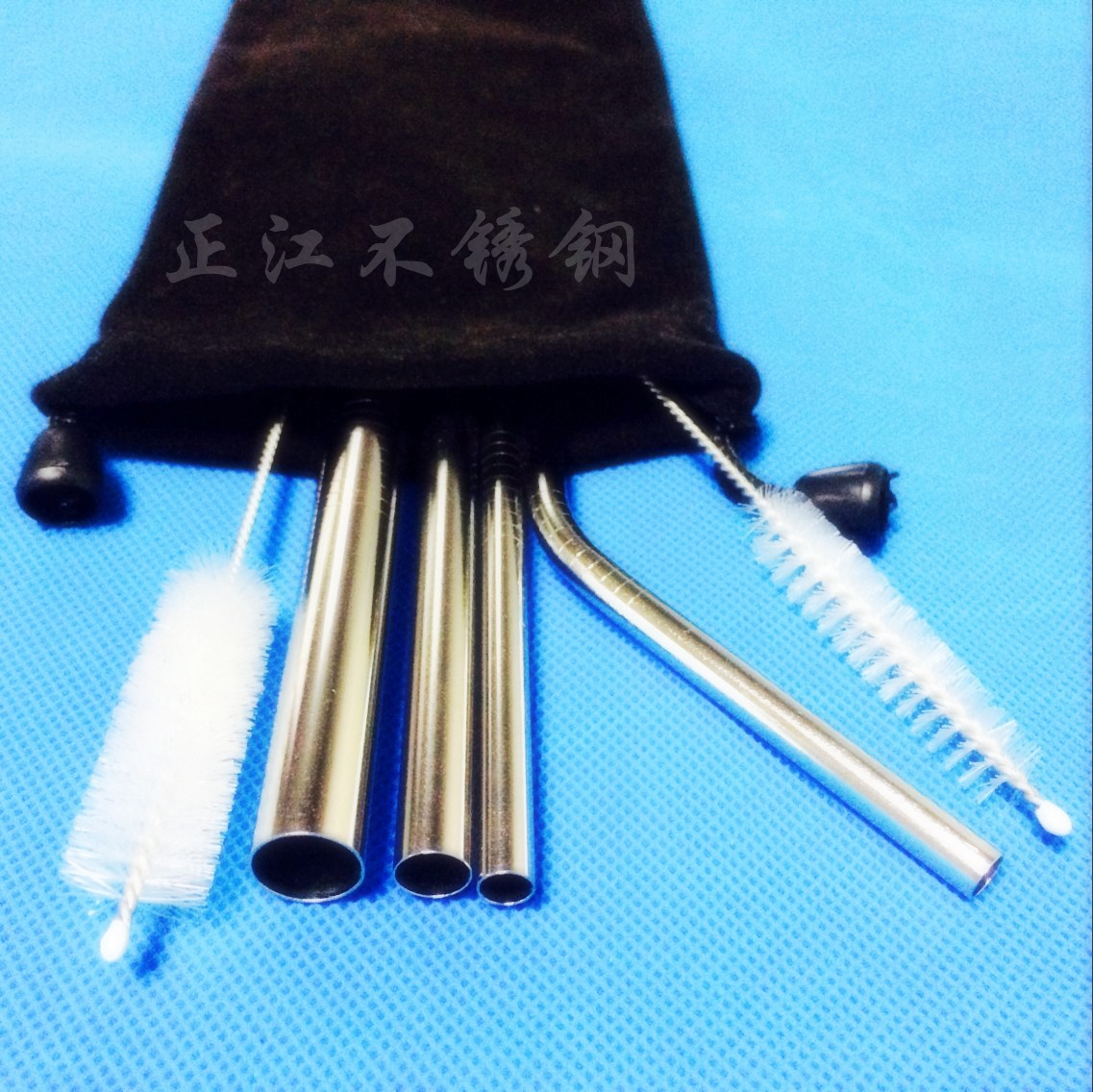 食品级316不锈钢吸管黑色绒布套装 布袋定制logo 斜口奶茶吸管