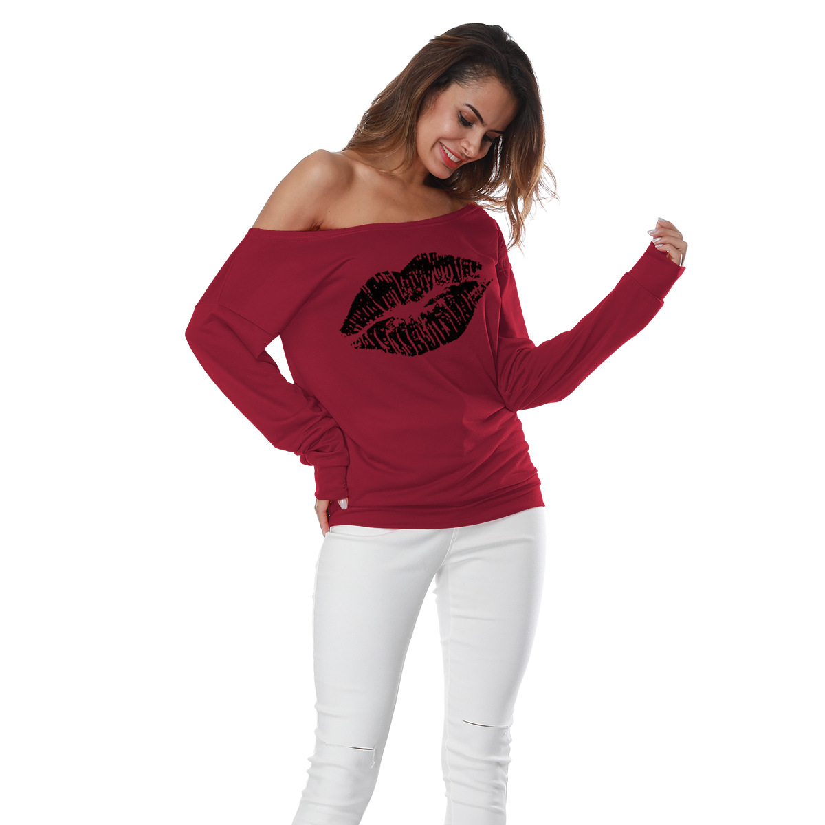Off Shoulder Long Sleeve Sweatshirt Loose Fit Lip Print Casual Style Womens Top for Everyday Wear Wholesale