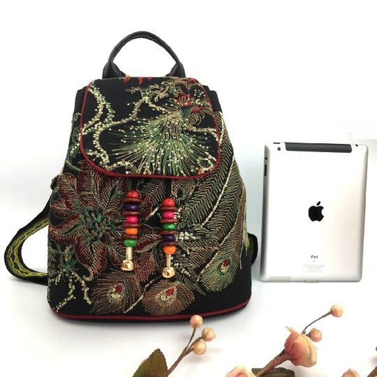 Backpack Women's New Ethnic Embroidered Canvas Backpack Phoenix Pattern Embroidered Bag Large Capacity Travel Women's Bag