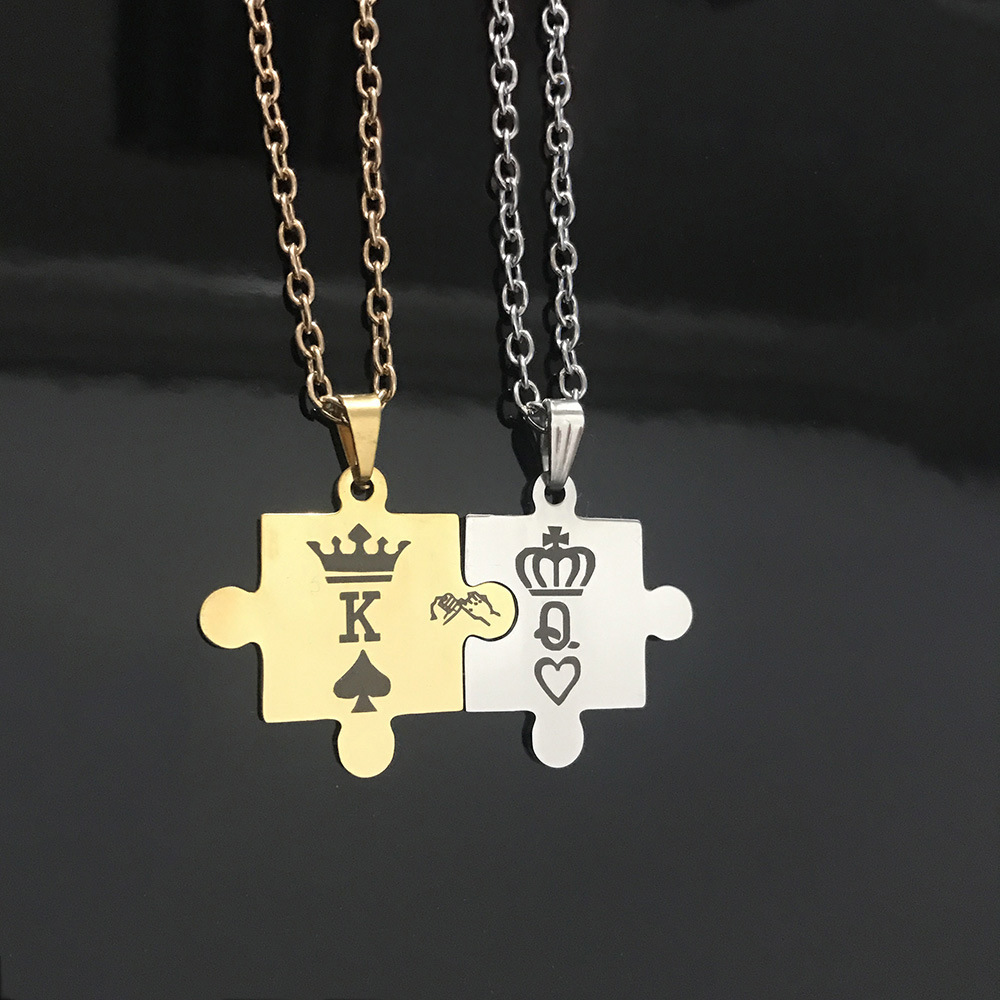 Item Decoration Stainless Steel Couple Necklace King Queen Crown Stitching Pendant