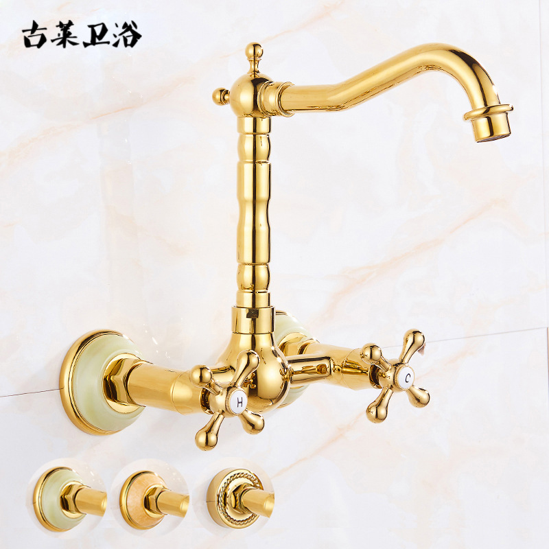 European-style all-copper natural jade in-wall hot and cold faucet laundry pool outdoor double-hole faucet golden faucet