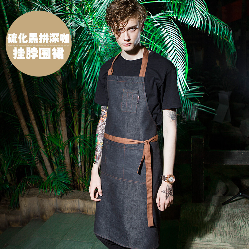 Estilo coreano de mezclilla delantal de trabajo de media longitud Cafetería Restaurante occidental pintura hombre y mujer camarero ropa de trabajo delantal de moda