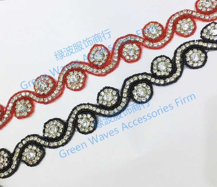 红色黑色水钻背胶长条腰带装饰钻饰花边手缝DIY辅料胶水粘贴条码