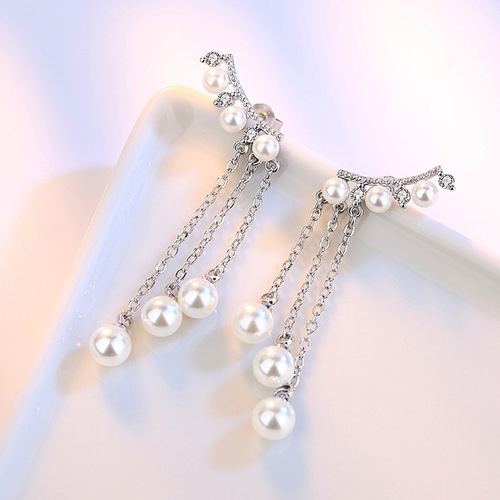 Korean temperament silver jewelry silver earrings earrings women's earrings long exaggerated tassel pearl earrings earrings wholesale