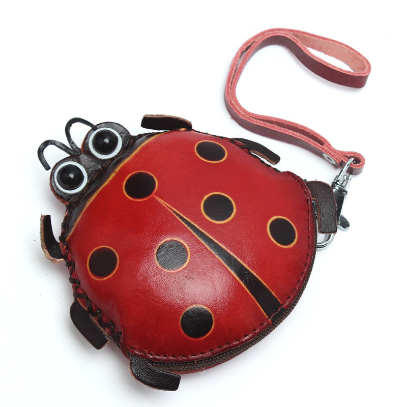Genuine Leather Handmade Vegetable Tanned Leather Animal Coin Purse Fashion Cute Coin Bag Handheld Women's Bag Cartoon Ladybug Card Bag