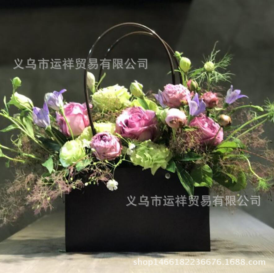 黑卡纸梯形情人节花袋 母亲节手提袋 鲜花手提蓝 长方形插花盒