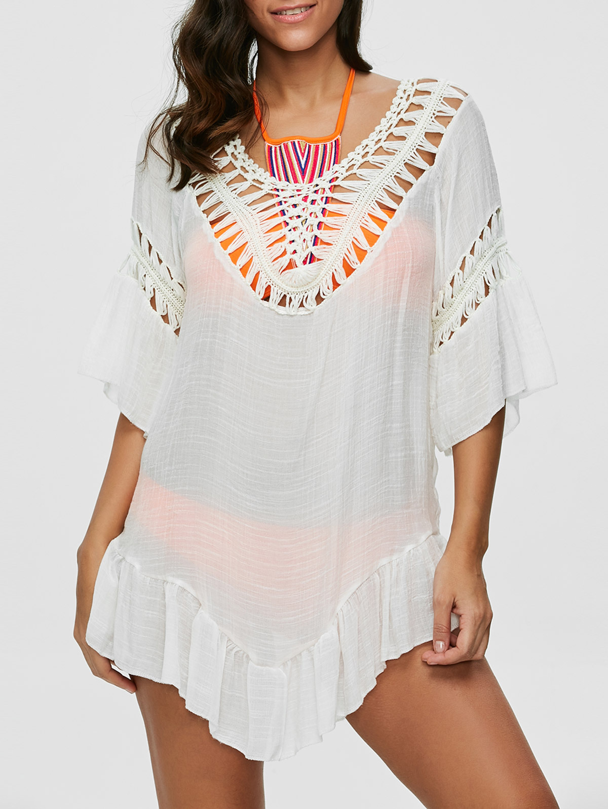 Sexy Bikini Cover Up Colorful Lantern Tassels Hollow Design U Back Tie Closure Beachwear for Summer Wholesale