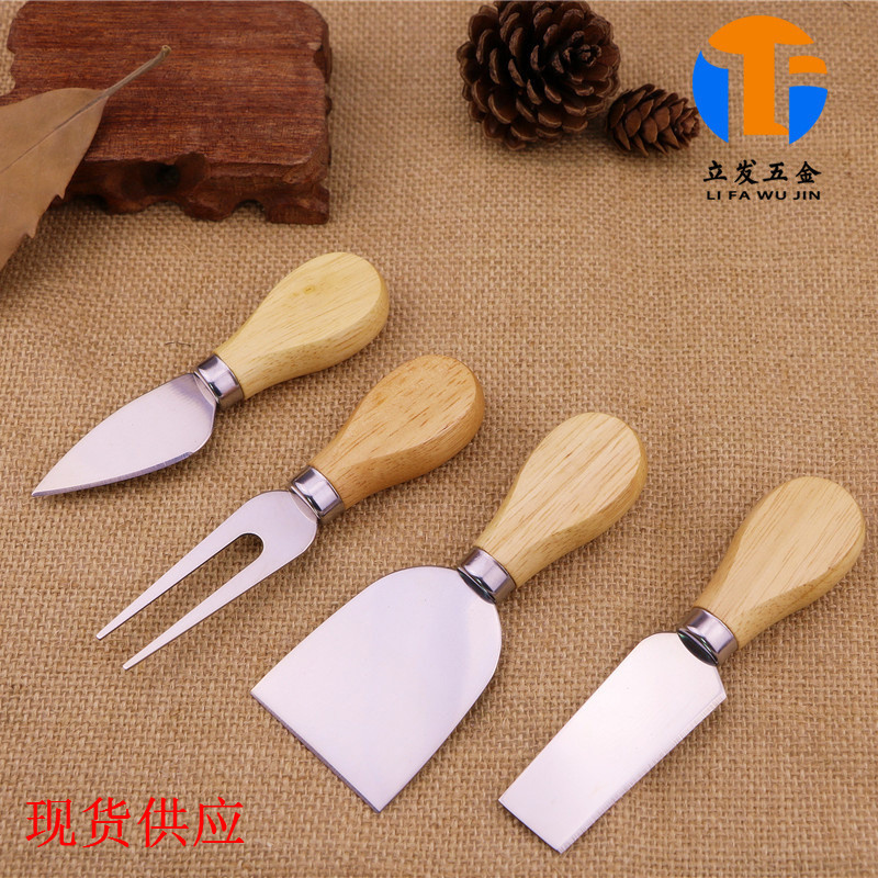 工厂现货 橡木手柄芝士刀套装 不锈钢芝士刀 奶酪四件套披萨刀|ms