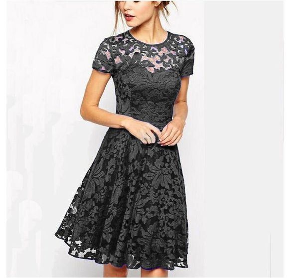 Elegant fashionable blue lace dress with a round collar