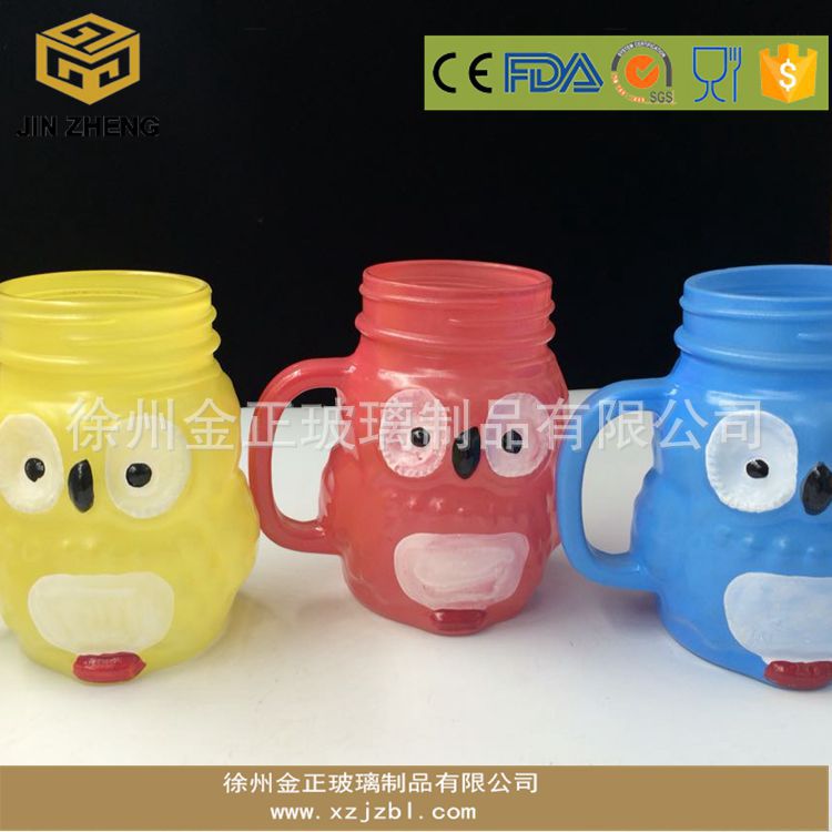 3D卡通造型猫头鹰梅森瓶 400ml把手玻璃瓶