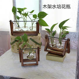 创意木架水培植物玻璃花瓶水养绿萝花盆容器透明桌面摆件插花瓶