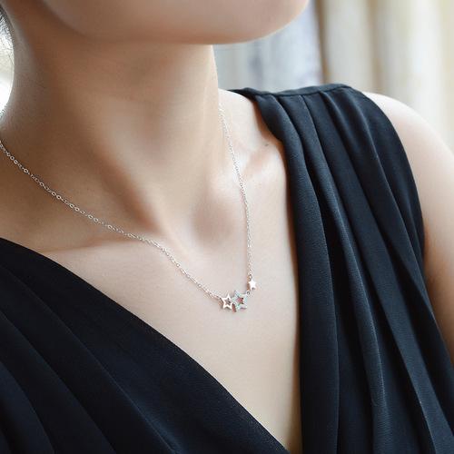 New trendy silver-plated necklace lockchain embellished with stones, star-shaped, cute and sweet, Korean-style silver jewelry accessory, birthday gift