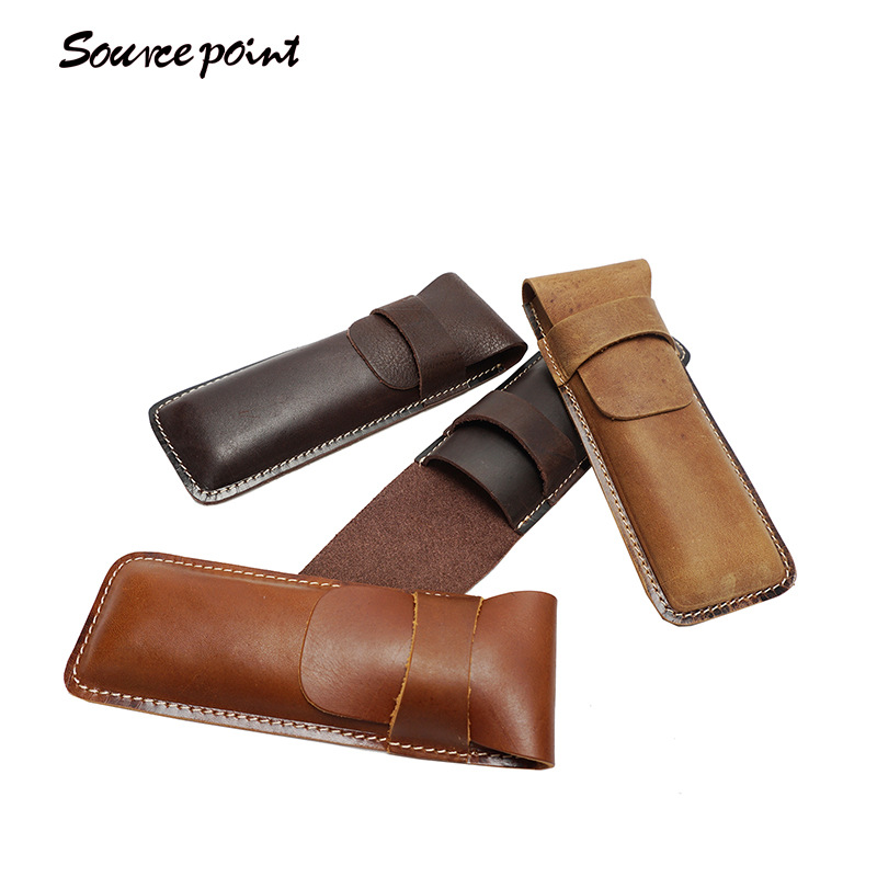 源点头层牛皮笔袋复古潮流男女通用真皮笔袋竖款插扣工厂直销新款