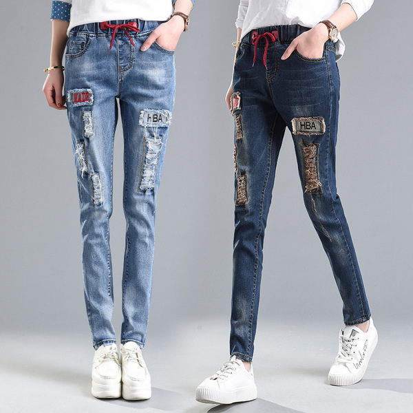 holes stickers jeans elastic loose Haren pants and tight waist