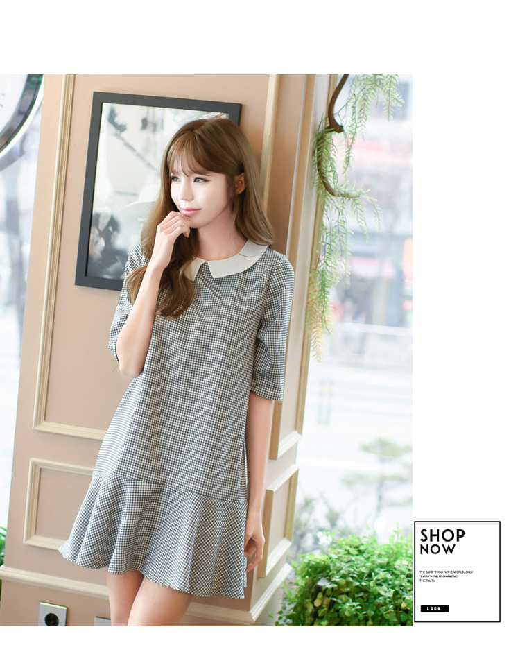 DABI 韓系學院風五分袖娃娃領荷葉邊格子短袖洋裝 DABI 韓系學院風五分袖娃娃領荷葉邊格子短袖洋裝
