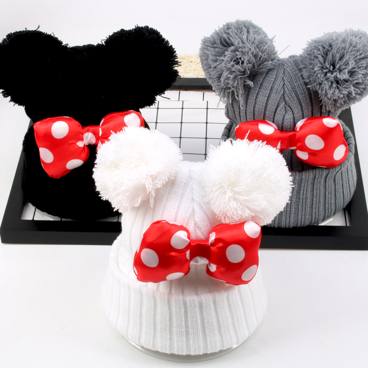 韩版潮新款儿童针织帽子卡通可爱蝴蝶结女孩童帽 秋冬毛线帽批发