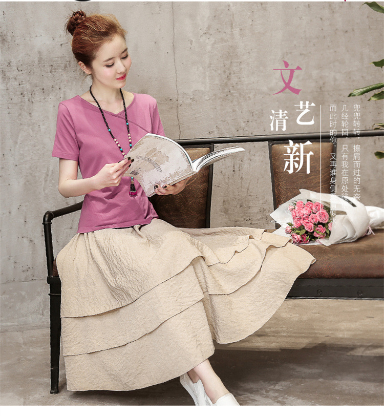 【实拍套装裙2017夏季新款女装短袖圆领松紧