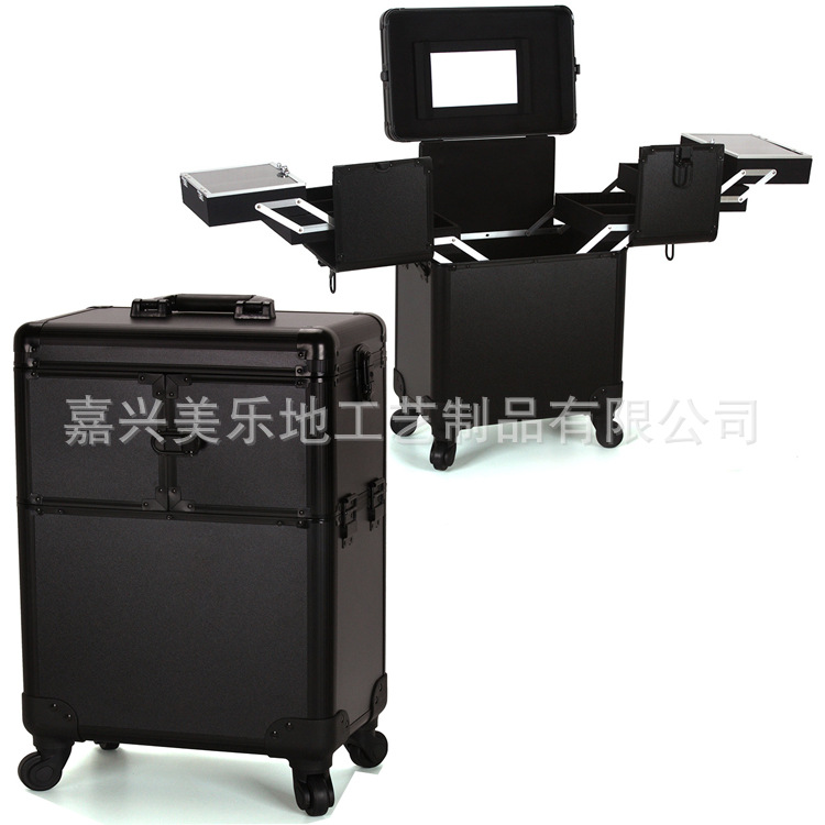 全黑漂亮高品质铝合金拉杆化妆箱 跟妆旅游行李箱