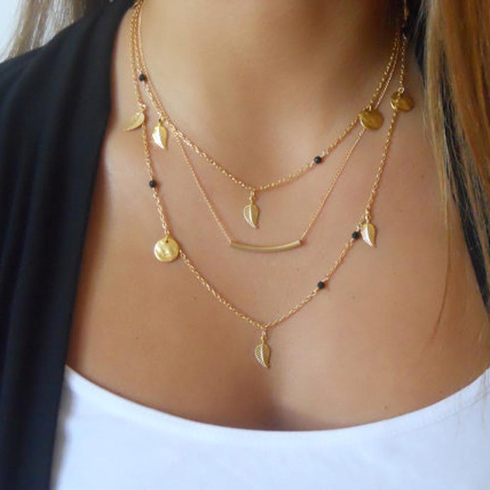 Golden Leaf Sequins Crystal Multi-Layer Necklace Wholesale