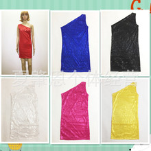 女式不对称露单肩斜肩练功服 广场舞服装nobody亮片礼服连衣裙子