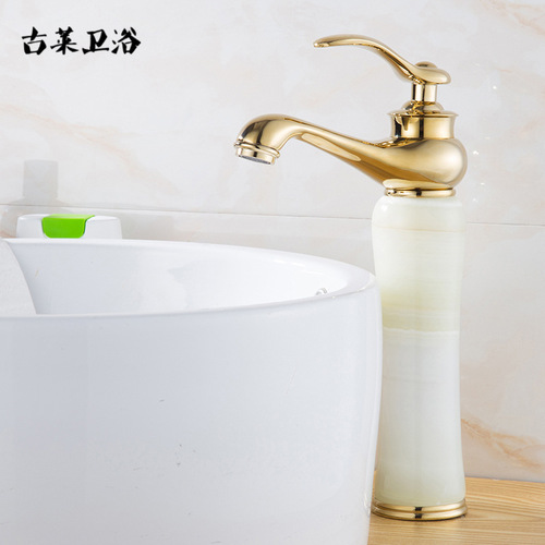 European natural jade countertop hot and cold faucet all-copper golden American art basin marble antique faucet