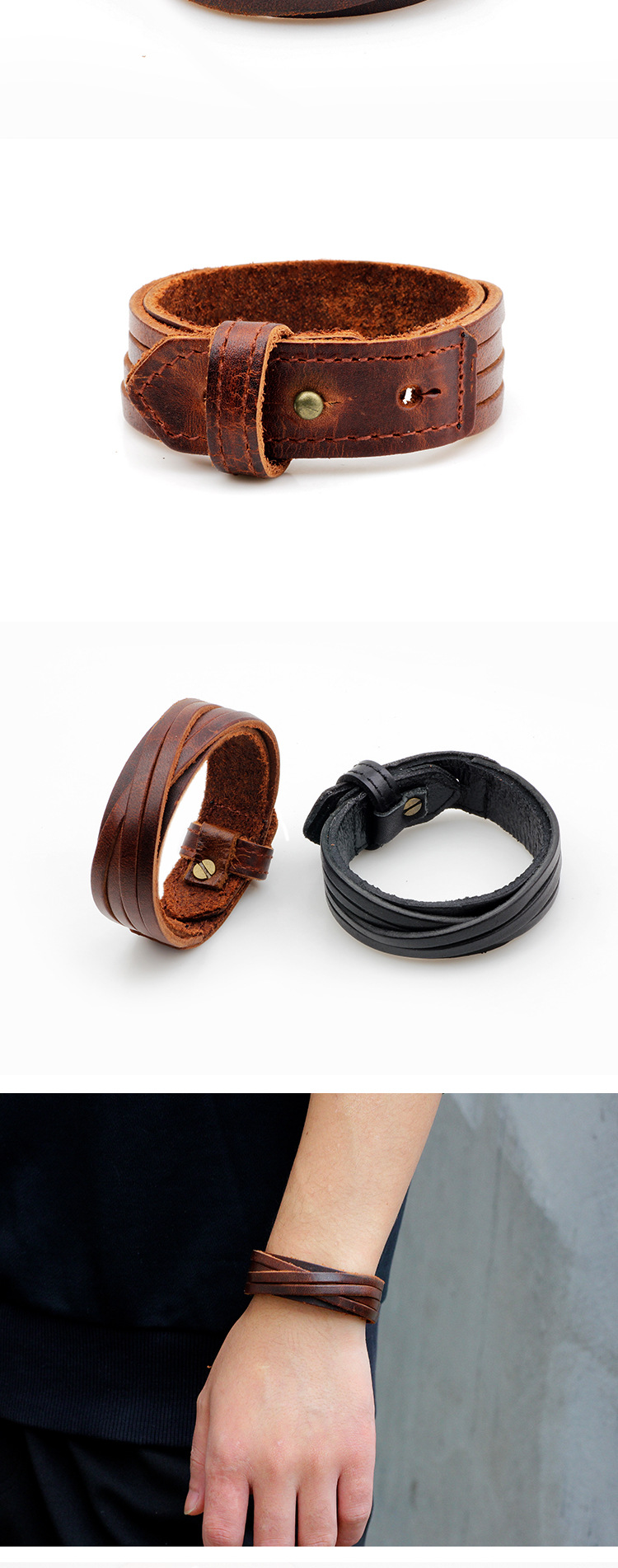 Solid Color Pattern Men'S Gender Retro Solid Color Pu Leather Wholesale Bangles