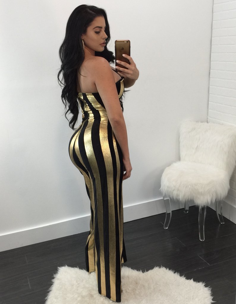 V-Neck Wrapped Chest Black Gold Striped Jumpsuit NSWNY74468