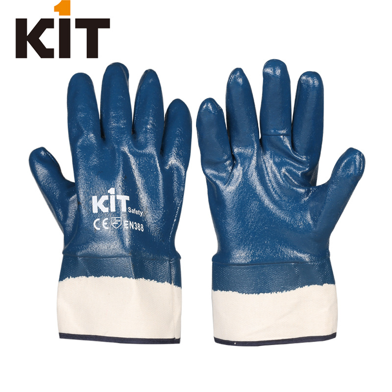 蓝色丁腈浸涂丁青胶耐油工地作业防护手套 花园耐磨丁晴劳保手套