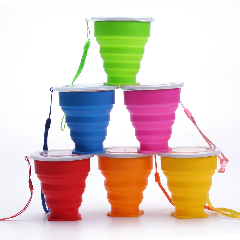 travel Portable Folding Cup Mini Folding Cup silica gel Retractable cup With cover outdoors travel Wash and rinse glass Multicolor