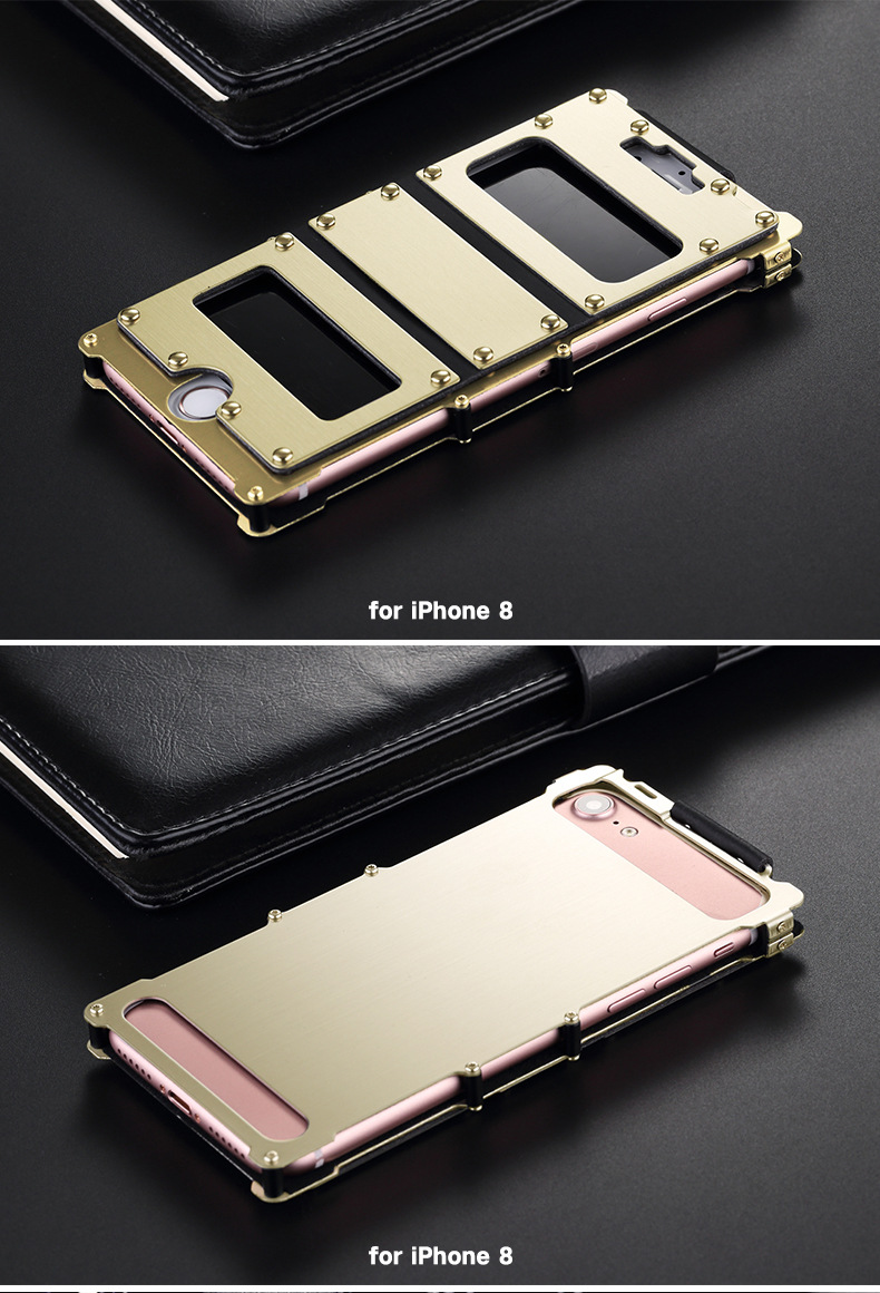 Armor King Iron Man Stainless Steel Dual Window Rivet Leather 360° Flip Case Cover for Apple iPhone 8 Plus & iPhone 8