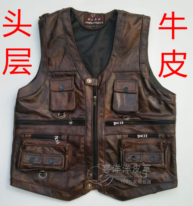 man Genuine leather Vest vest Press suit Multi-pocket Middle and old age Photography outdoors Middle and old age