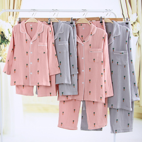 Spring, summer and autumn hot selling cotton crepe parent-child clothing for men and women, long-sleeved pajamas, pajamas, children's home clothes, couple clothing