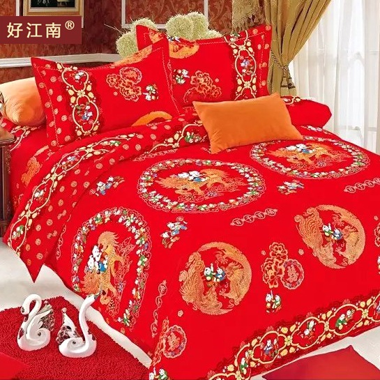 好江南婚庆大红全棉喷气加密澳绒床品面料新款百子图加厚磨毛布料|ru