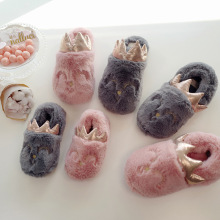 halluci新品 保暖人造皮草舒适亲子立体皇冠棉拖鞋 防滑包跟拖鞋