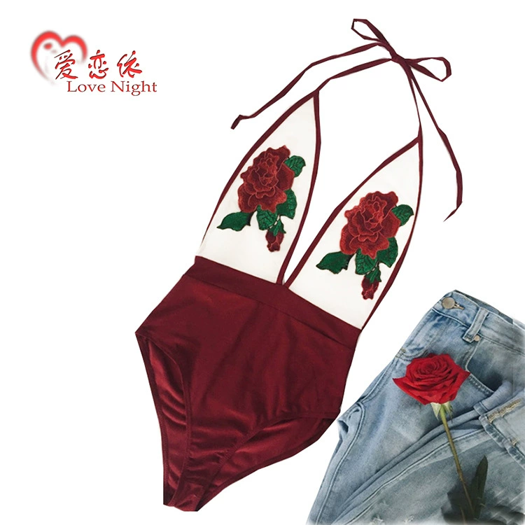 Купальник цельный (Love Night) для женщин, лентыhalter с вышитой розой, сексуальный вырез высокий бикини