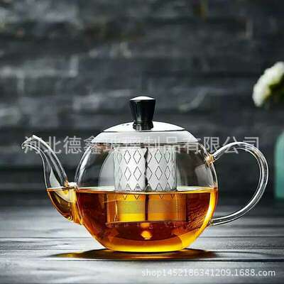 耐高温加厚泡茶壶花茶壶 不锈钢过滤茶漏 圆型壶玻璃花茶壶钢漏壶|ms