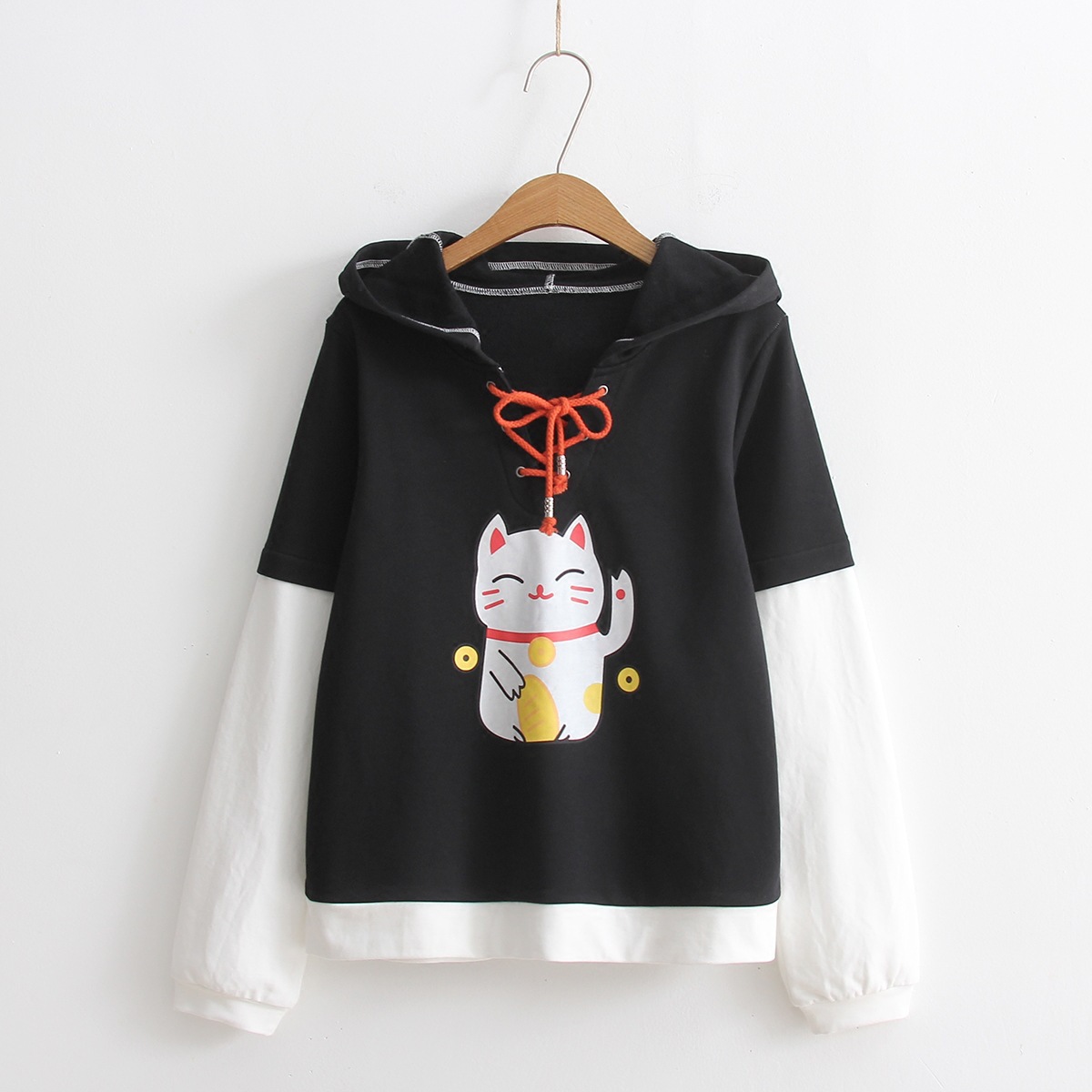 Nhật Bản dễ thương mới mùa thu 2017 màu Lucky Cat chính tả với một dài tay trùm đầu hoodies áo len áo khoác nữ nữ