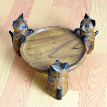创意水果盘客厅沙发茶几实木雕刻装饰干果盆泰国三猫盘子复古