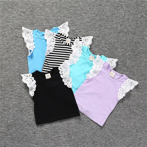 Kids Tales foreign trade children's clothing ins summer T-shirt new baby lace candy color flying sleeve vest