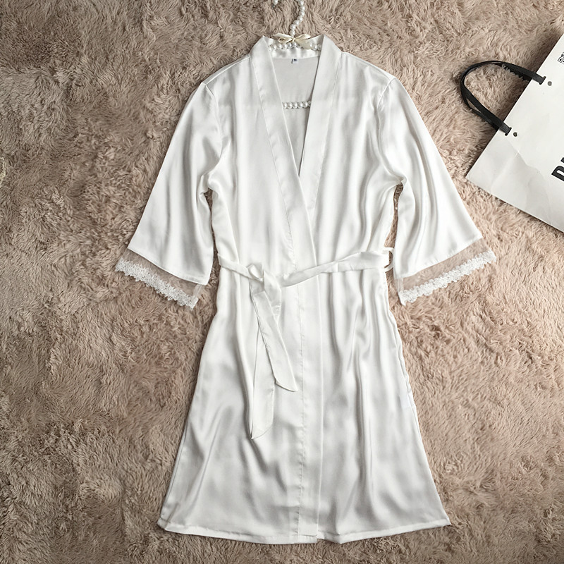 女士高档丝绸纯色睡袍浴袍花边性感家居服柔软光滑婚庆新娘伴娘袍