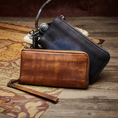 长款真皮头层牛皮钱包男 拉链商务手拿包 横款方形钱包男一件代发|ms