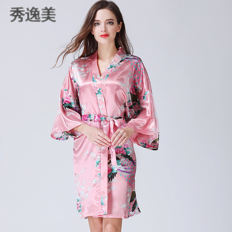 睡衣女秋冬季中袖仿真丝睡袍浴袍性感家居服春秋孔雀浴衣日本和服 阿里巴巴