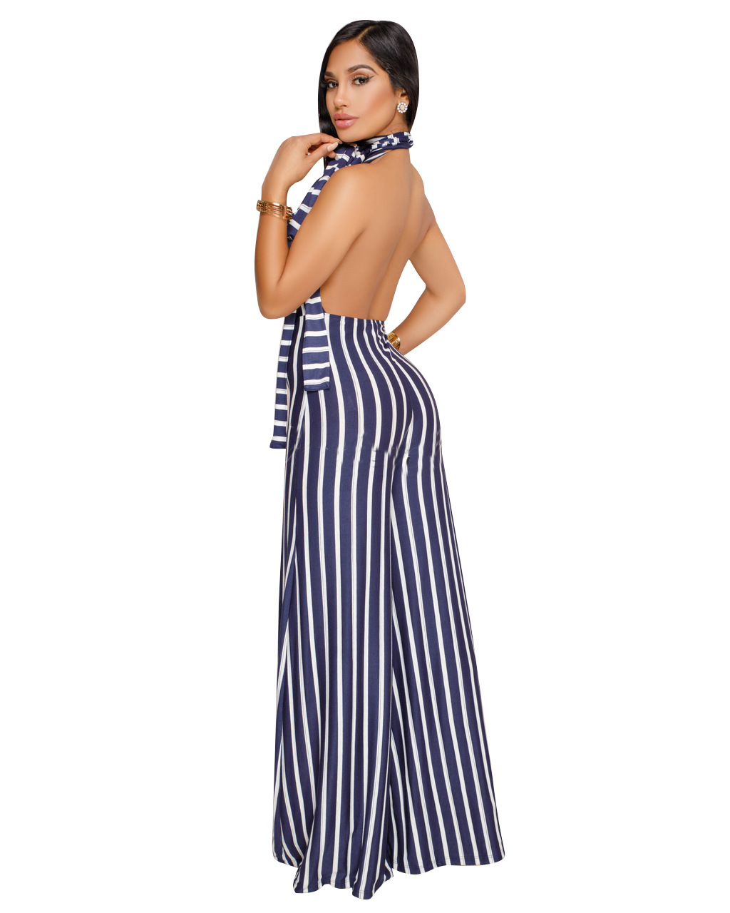 Striped Lace Up Backless Wide Leg Jumpsuit NSMRF116732