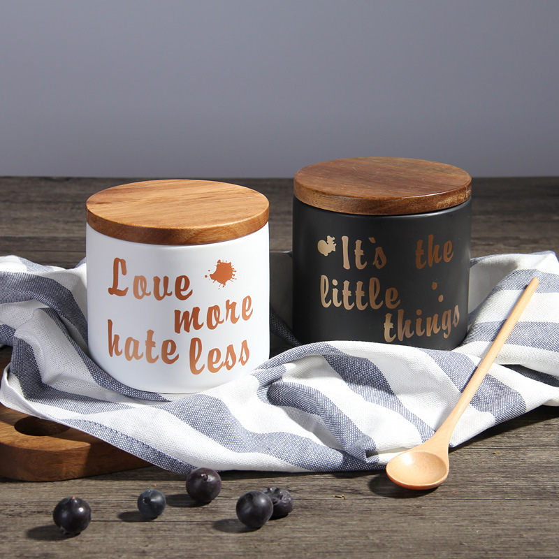 Tapa de madera de cerámica nórdica de almacenamiento de tarro sellado fresco-mantenimiento de tarro de granos de frutas secas té decoración de tarro de almacenamiento de alimentos al por mayor