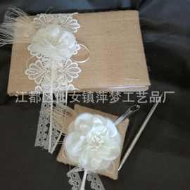 简约白色花朵 鸵鸟毛 蕾丝麻料签到薄+签到笔套装 西式婚礼