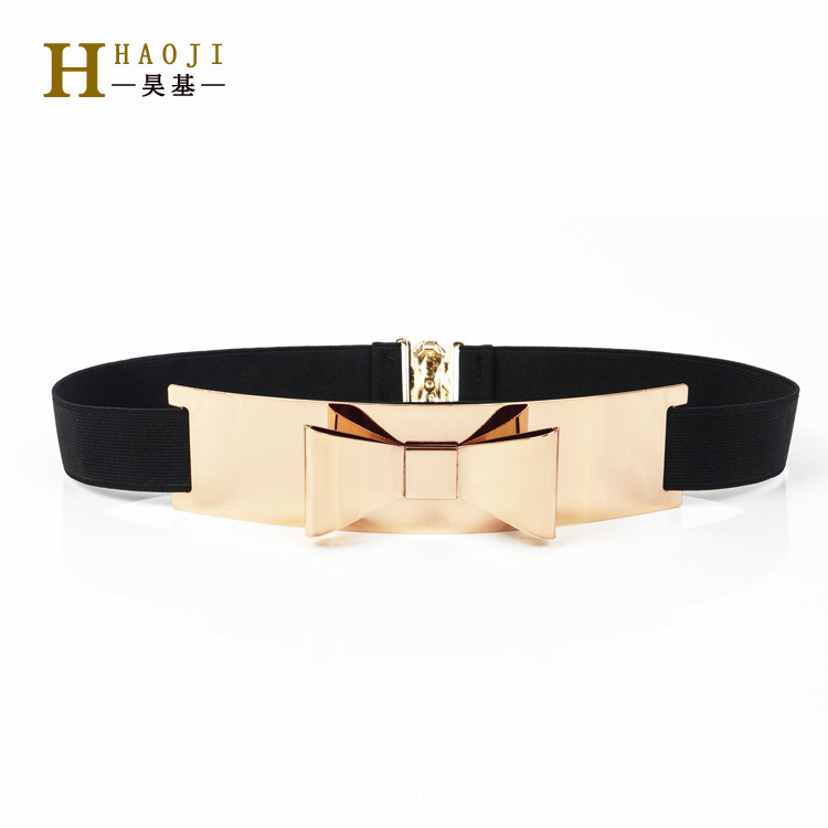golden elastic full metal waist belt with bow