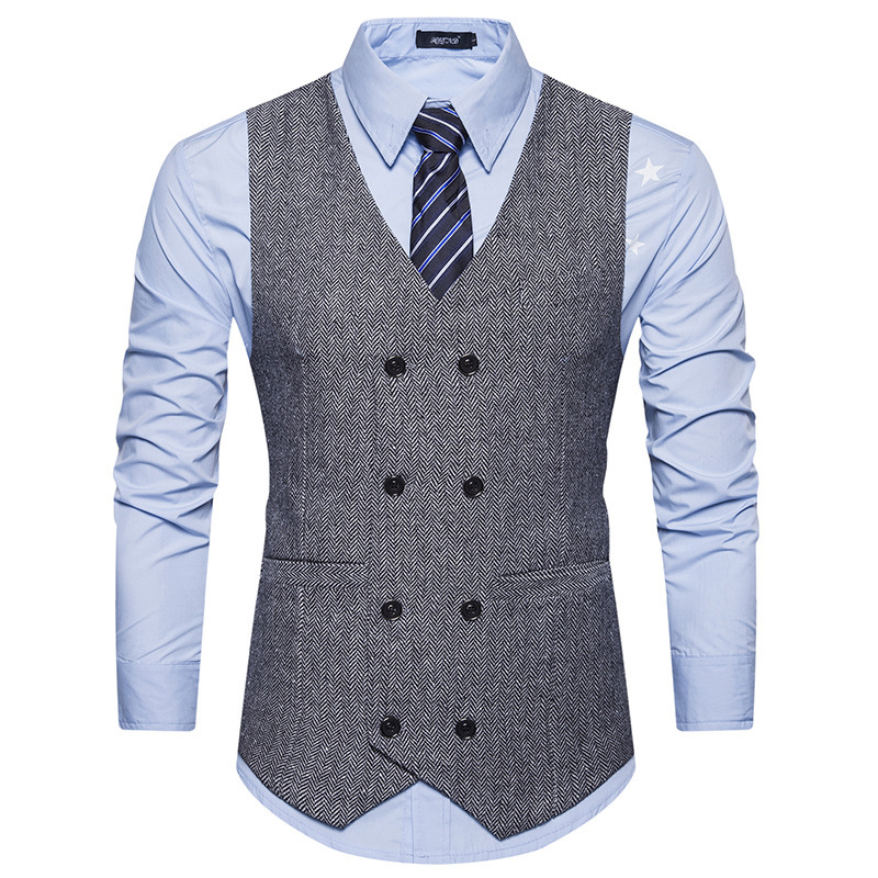 Foreign trade men's spring and autumn new solid color double breasted vest men's Korean version of slim men's suit vest