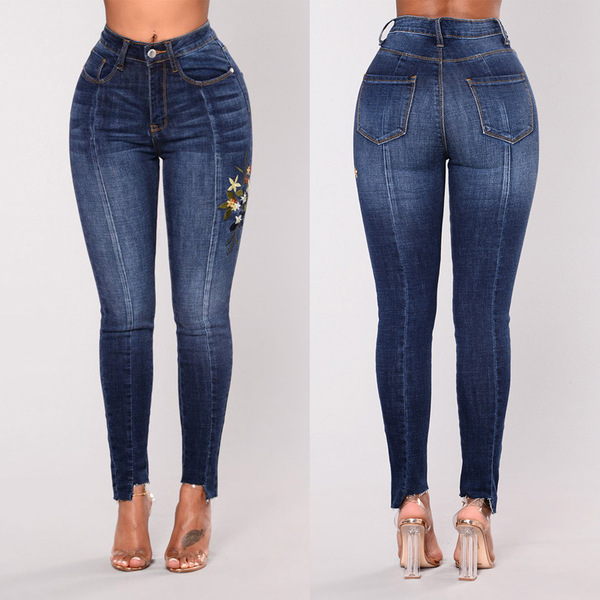 New jeans cotton bullet holes embroidered high waist trousers