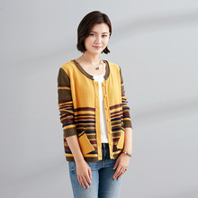 秋季新款純棉大碼民族女裝彩條減齡短款長袖針織外套開衫工廠直銷